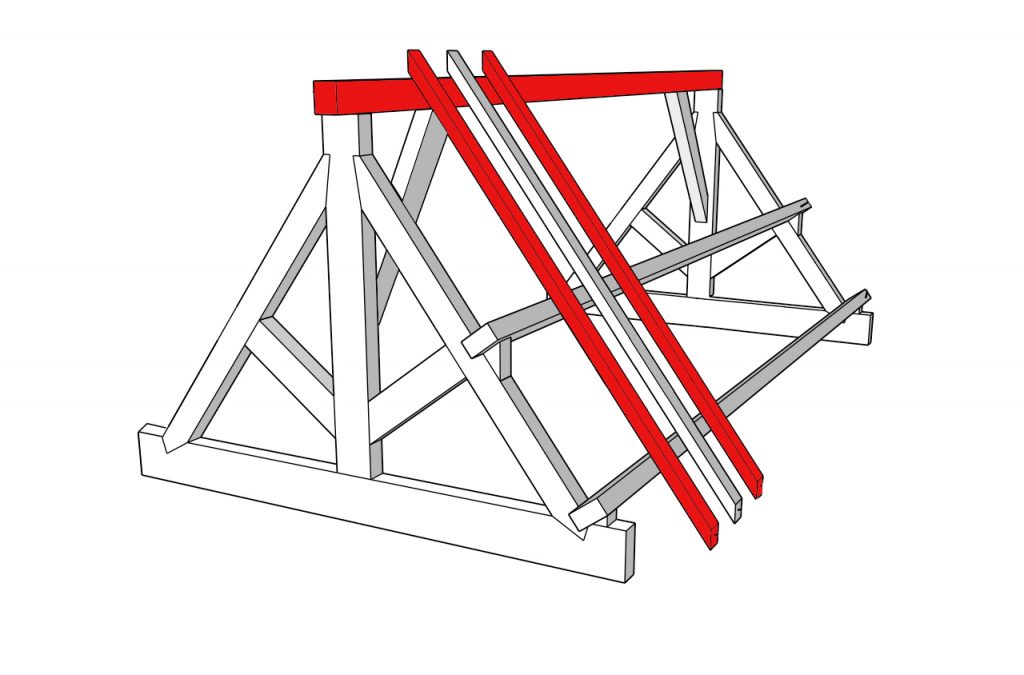 Illustration highlighting the rafters of a timber framed roof.