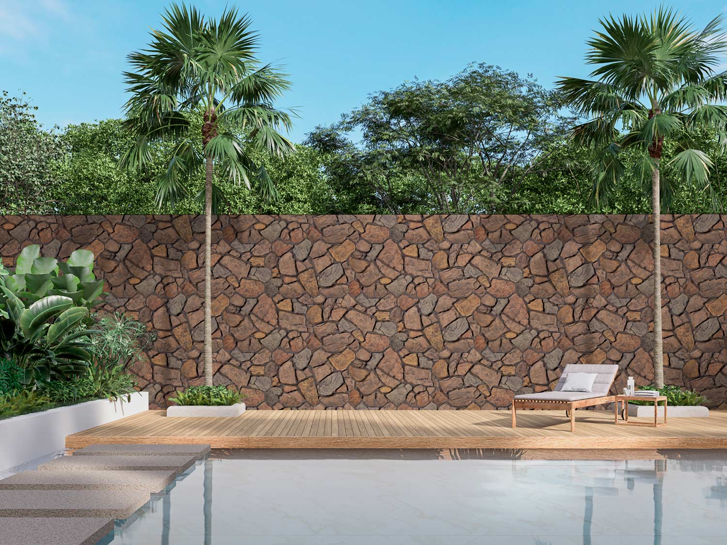 Faux stone panels create a natural, warm look by the pool.
