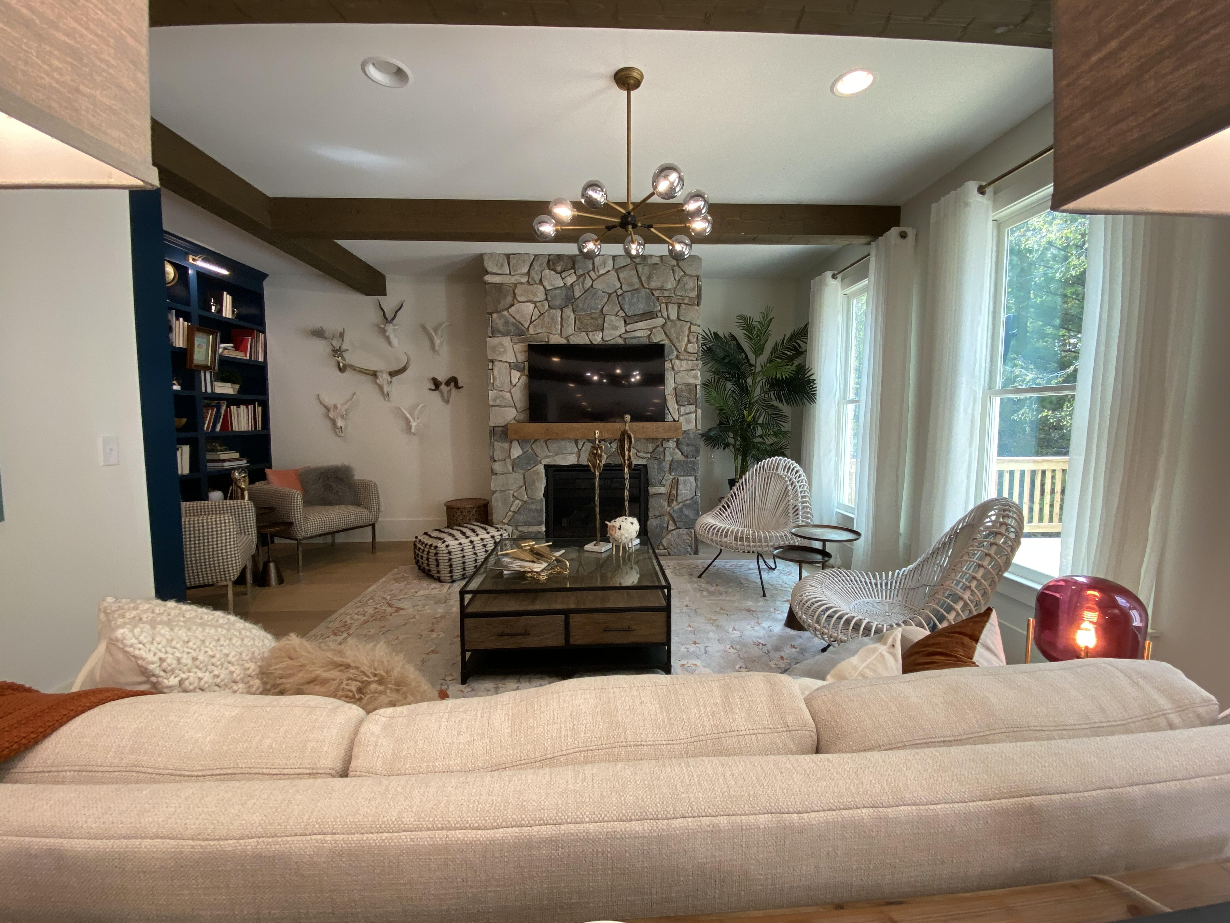 Barron Designs Wood Ceiling Beams arranged in a coffered pattern in cozy living room.