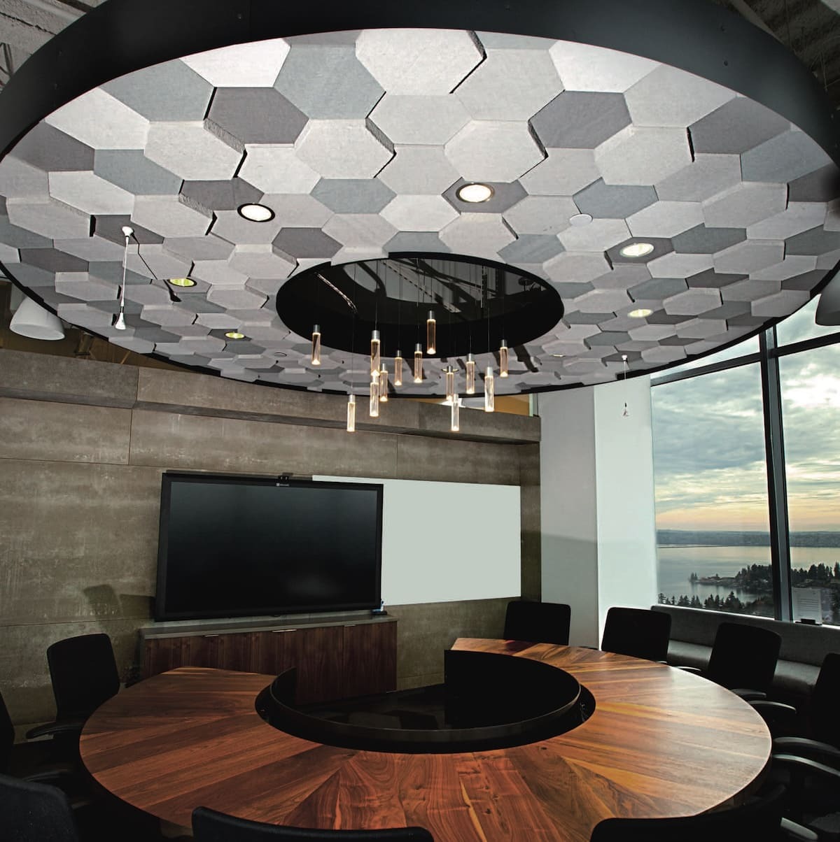 Light Gray hexagonal FSorb panel office ceiling design