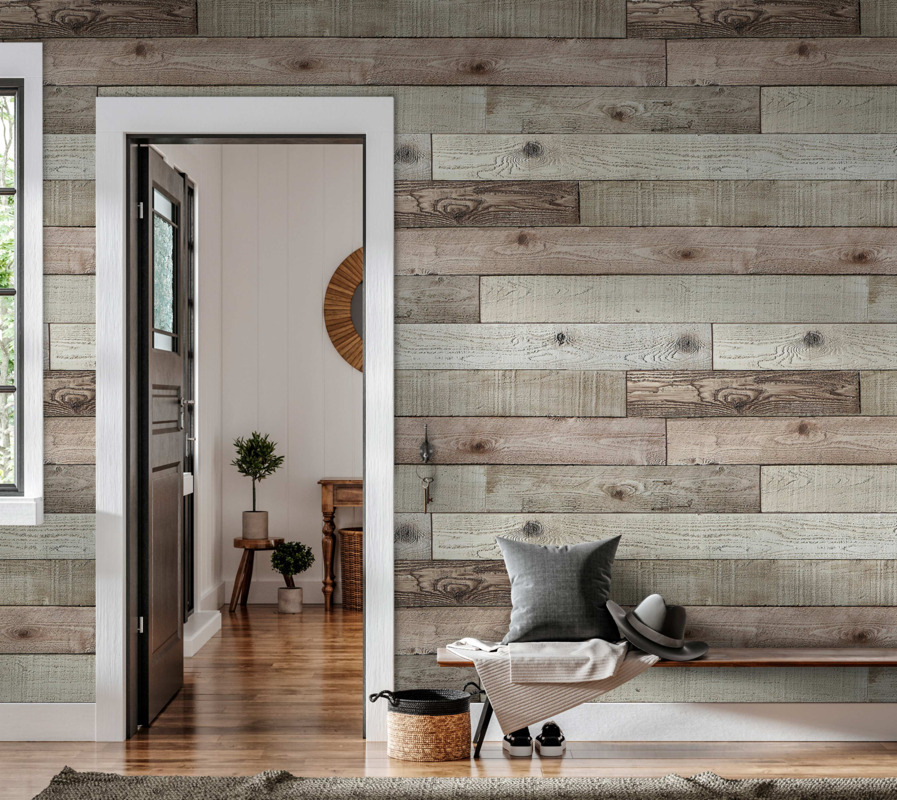 Reclaimed Shiplap Faux Barn Wood Panels in Aged installed in a hallway
