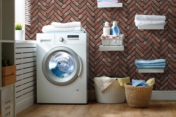 Old Chicago Herringbone Brick Wall Panels in Antique Brick in a laundry room