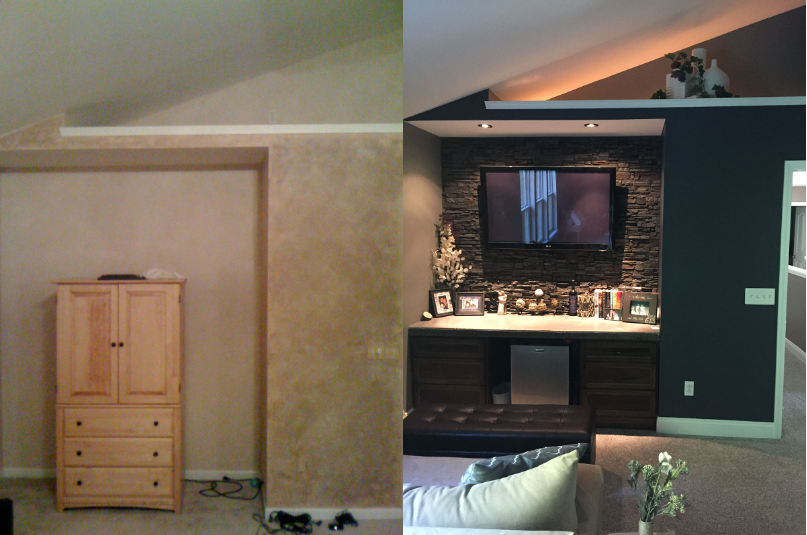 Before & after homeowner photos of a living room using Colorado Dry Stack Faux Stone Wall Panels