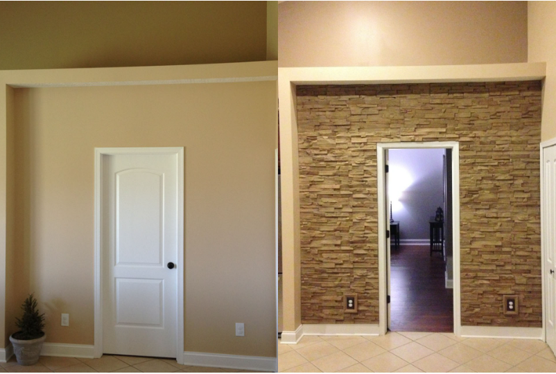 Before & after homeowner photos of a doorway using Somerset Dry Stack Faux Stone Wall Panels