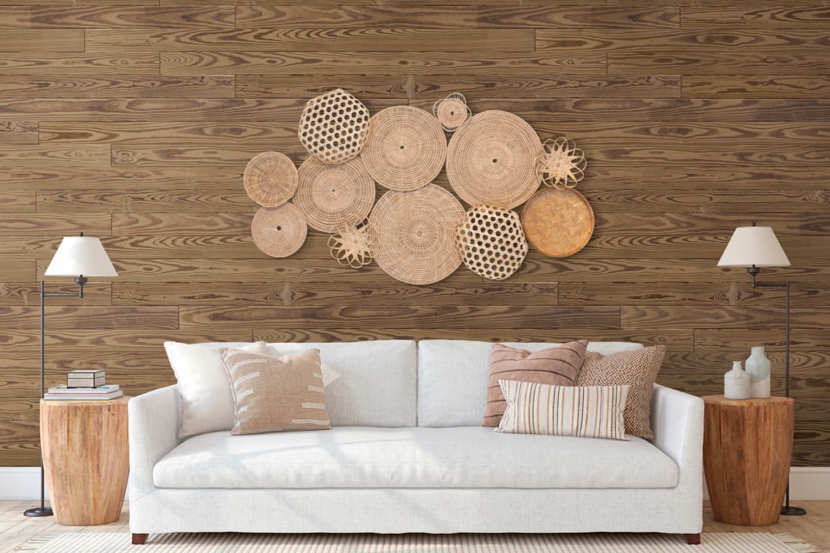 Thermal Pine Wood Wall Paneling behind elegant couch