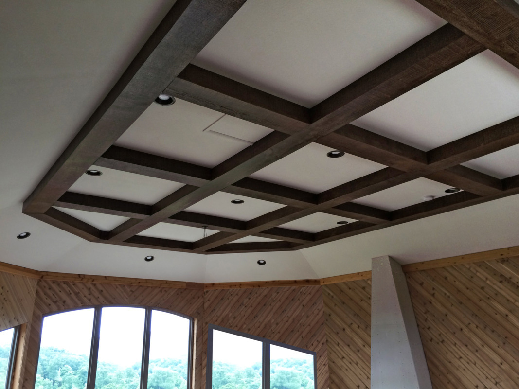 Burnt Mocha Driftwood faux wood beams creating modern coffered ceiling