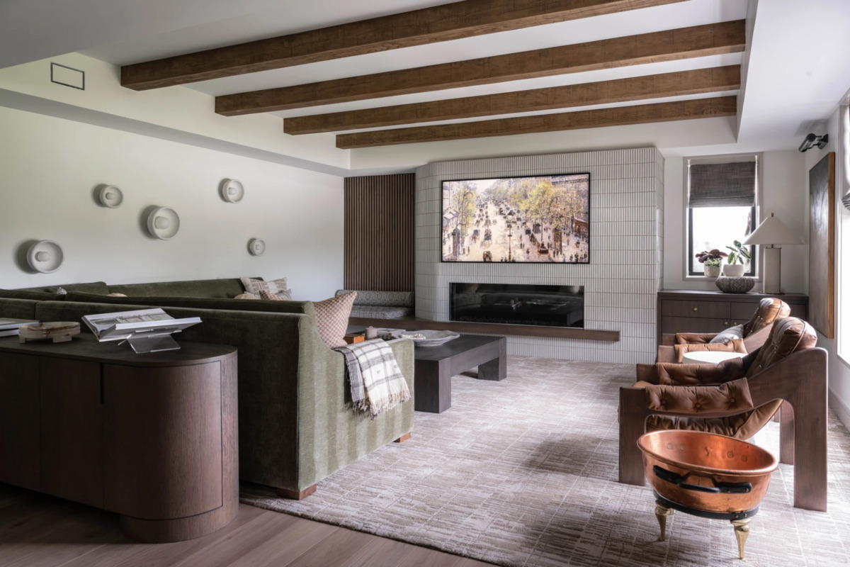 Organic modern living room featuring caramel rough sawn faux wood beams with warm natural texture and clean modern lines