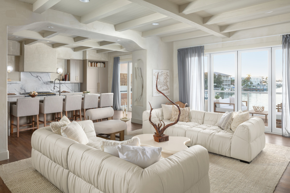 Custom finished Driftwood faux wood beams for Scandinavian living room area aesthetic