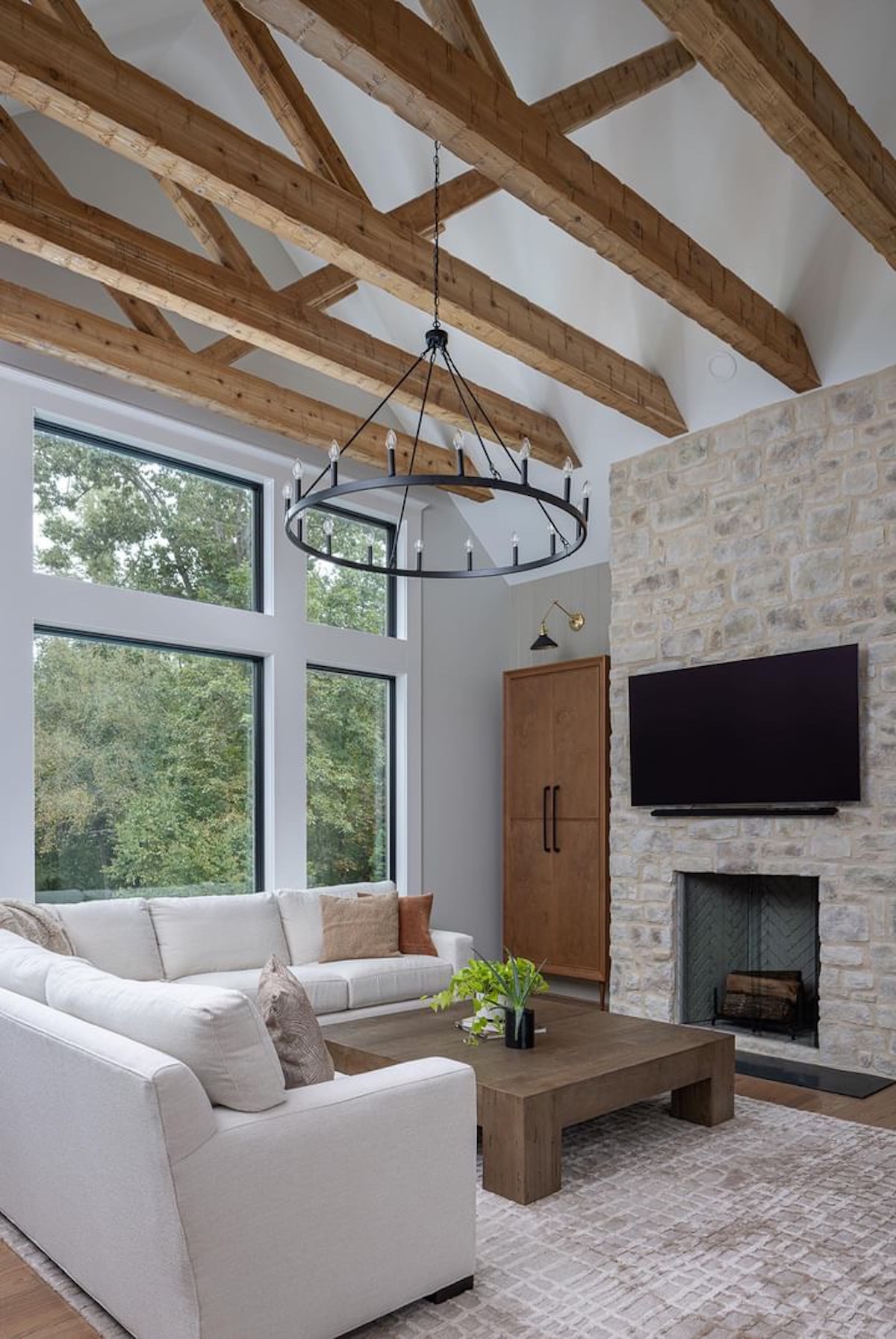 King Post Truss with Straight Diagonals - Hand Hewn Faux Wood Beams in Warm Natural