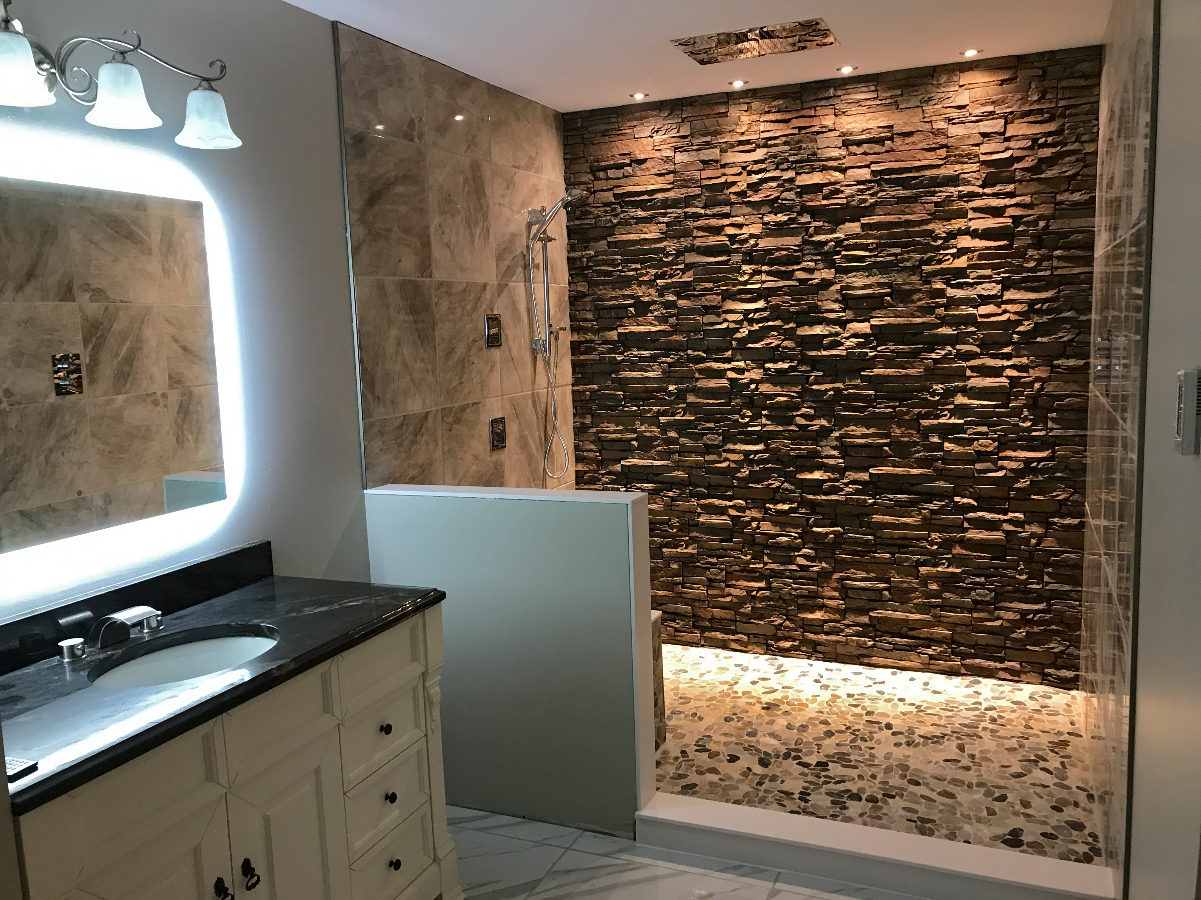 Colorado Dry Stack Faux stone panels used in a modern chic bathroom shower