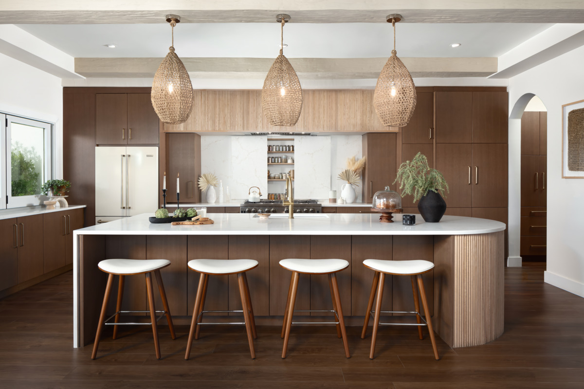 Organic modern kitchen with Heritage faux wood ceiling beams, clean lines, natural textures, and warm neutral tones