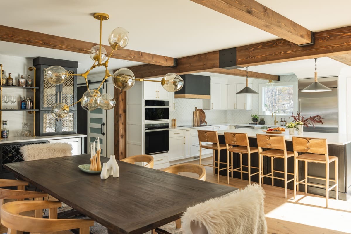Custom finished wire brushed beams for European Farmhouse kitchen design