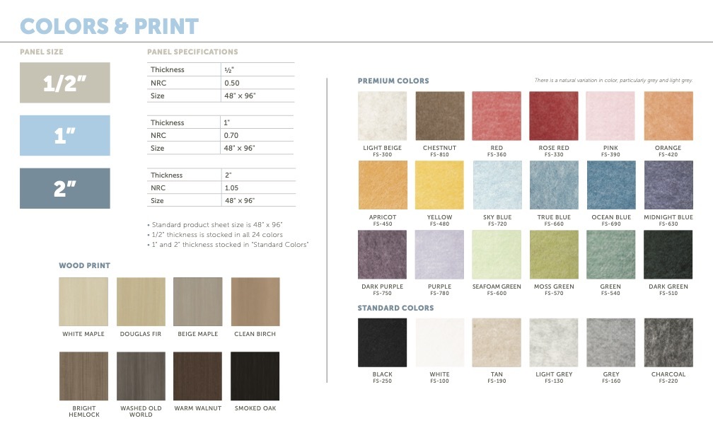 Overview of all FSorb panel color options and size and acoustic treatment specifications