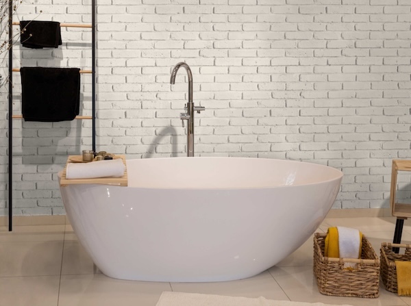 Old Chicago Faux Brick Wall Panels in Glacier installed on a bathroom wall