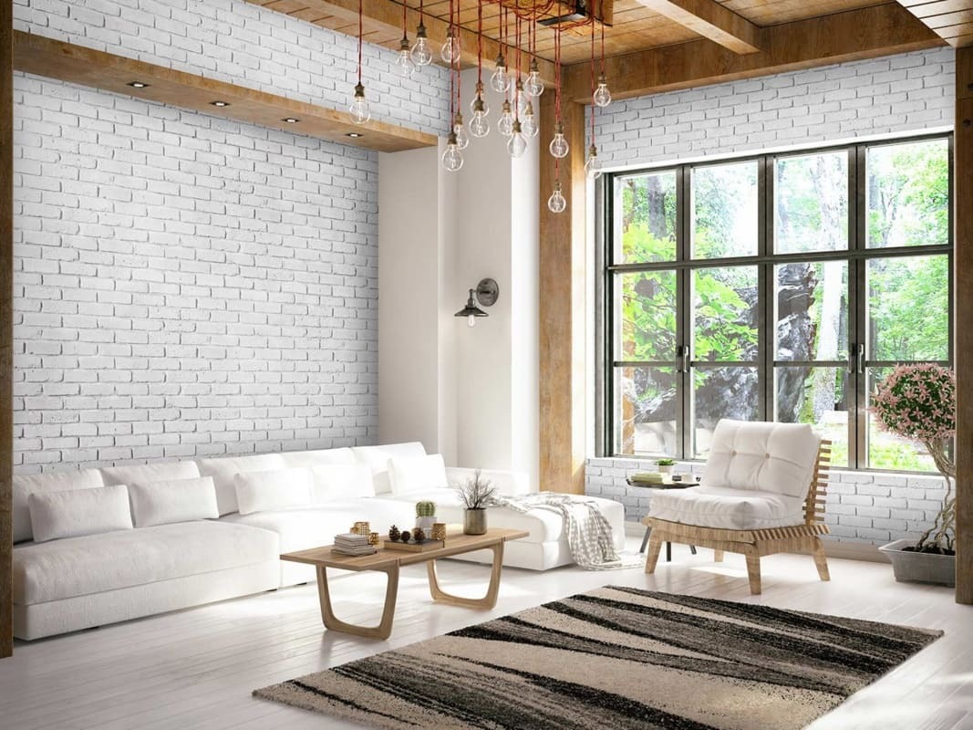 Glacier colored Old Chicago faux brick wall panels for Scandinavian living room design theme
