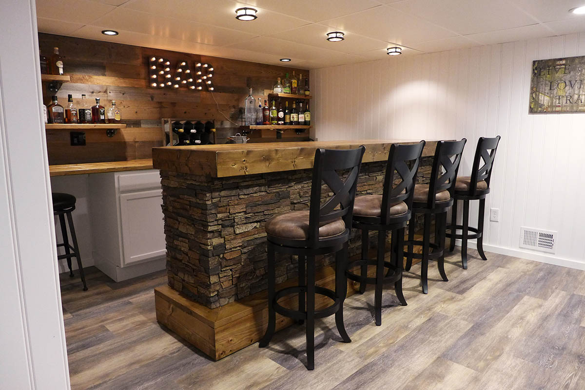  Side view of Colorado Dry Stack panels installed around a home bar