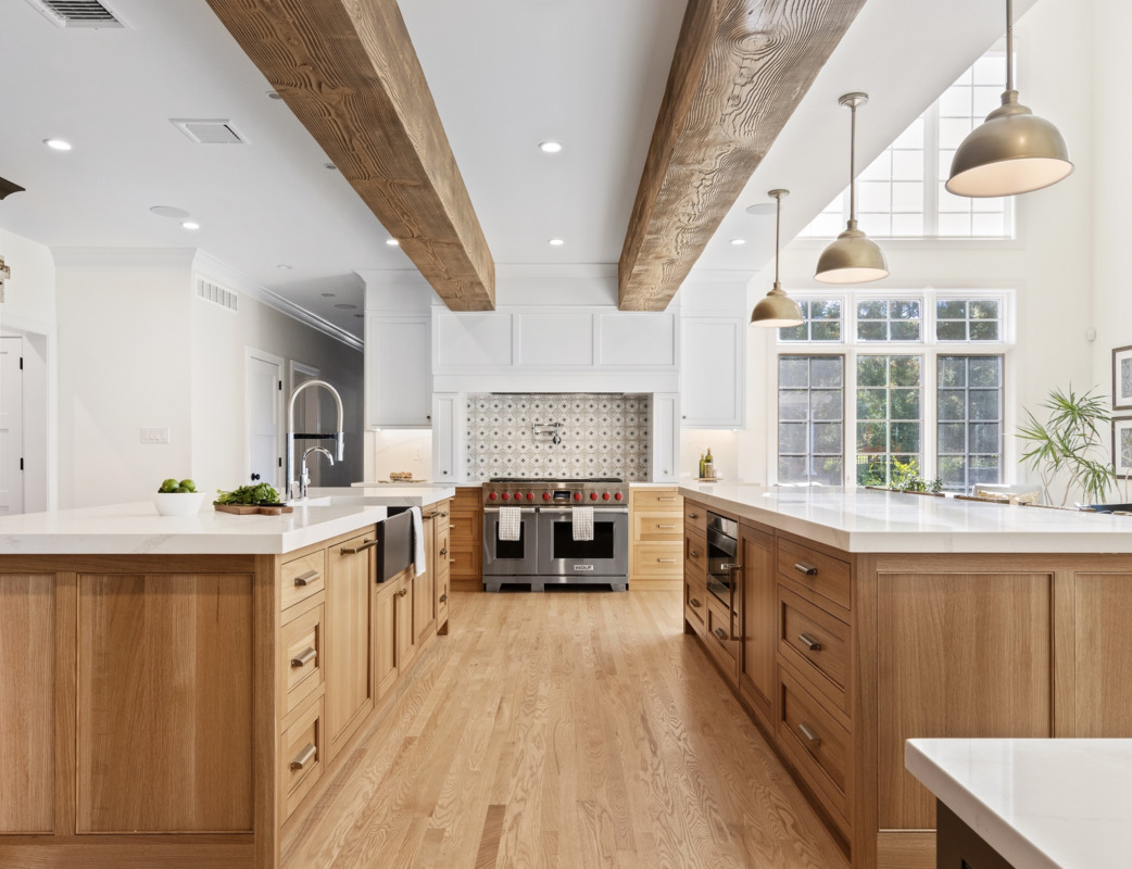 Light Oak Heritage Faux wood beams in European Farmhouse kitchen