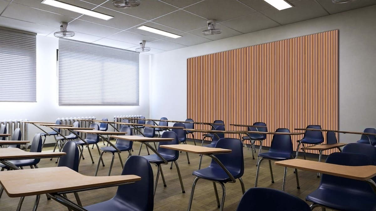 Maple Slat Wood Acoustic Wall Panels in a classroom.