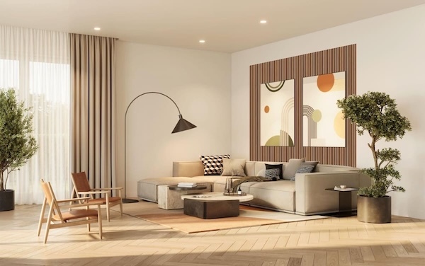 Slat Wood Acoustic Wall Panel in Maple installed in a living room