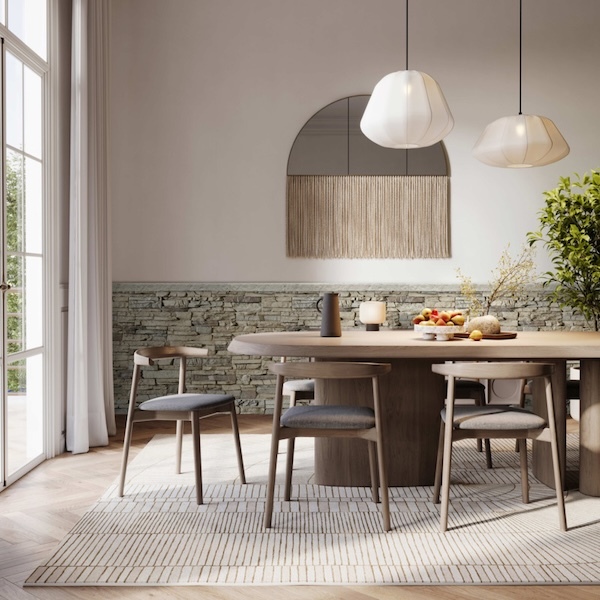 Colorado Dry Stack faux stone wall panels in Mist for a dining room