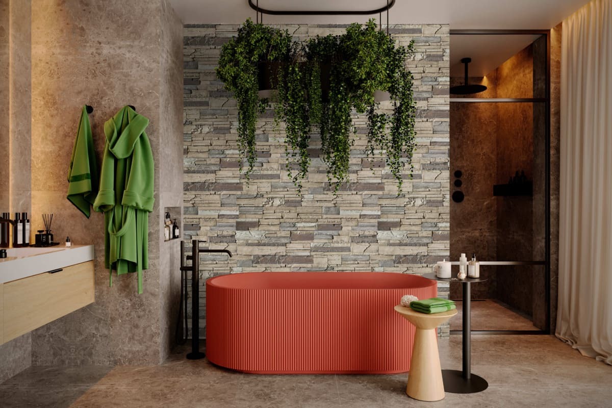 Kentucky Dry Stack Faux Stone Wall Panels in Mist installed in a jungle-inspired bathroom