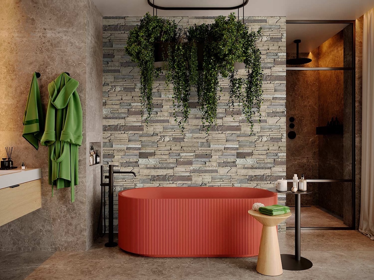 Kentucky Dry Stack Faux Stone Wall Panel in Mist for bathroom accent wall 