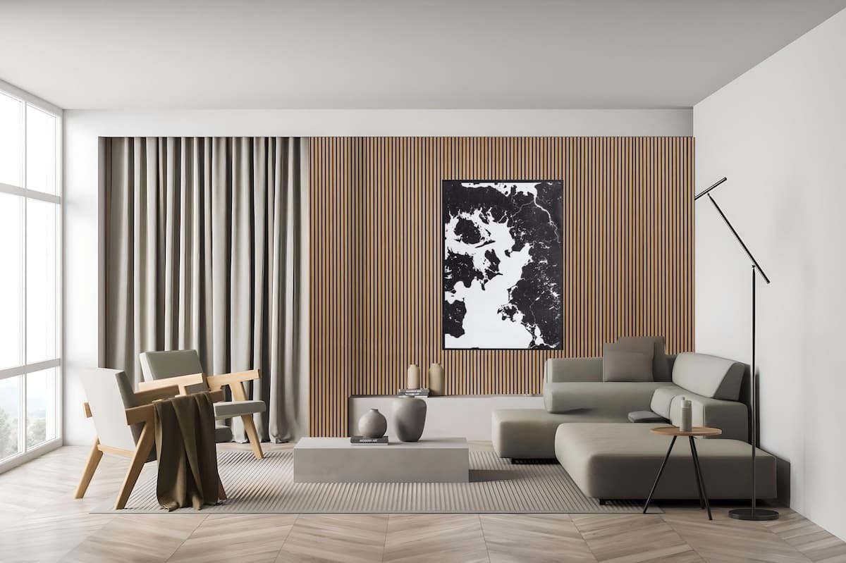 AcousticMOD Slat Wood Acoustic Wall Panel in Natural installed in a living room