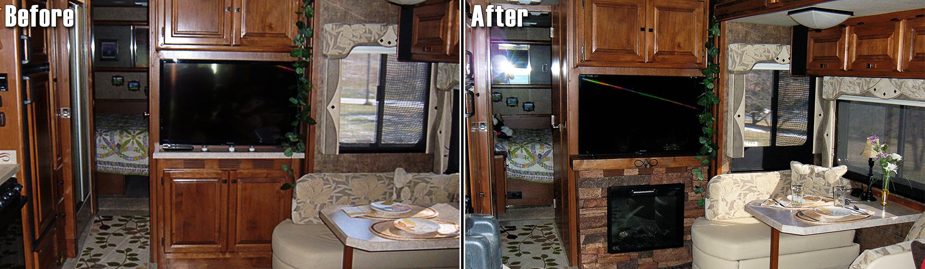 Before and after photo of a recreational vehicle's fireplace remodeled with faux panels.