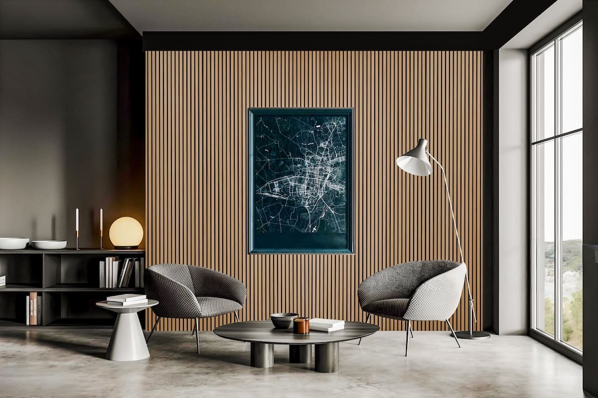 Oak Color Slat Wood Acoustic Wall Panels installed as a sitting area accent wall