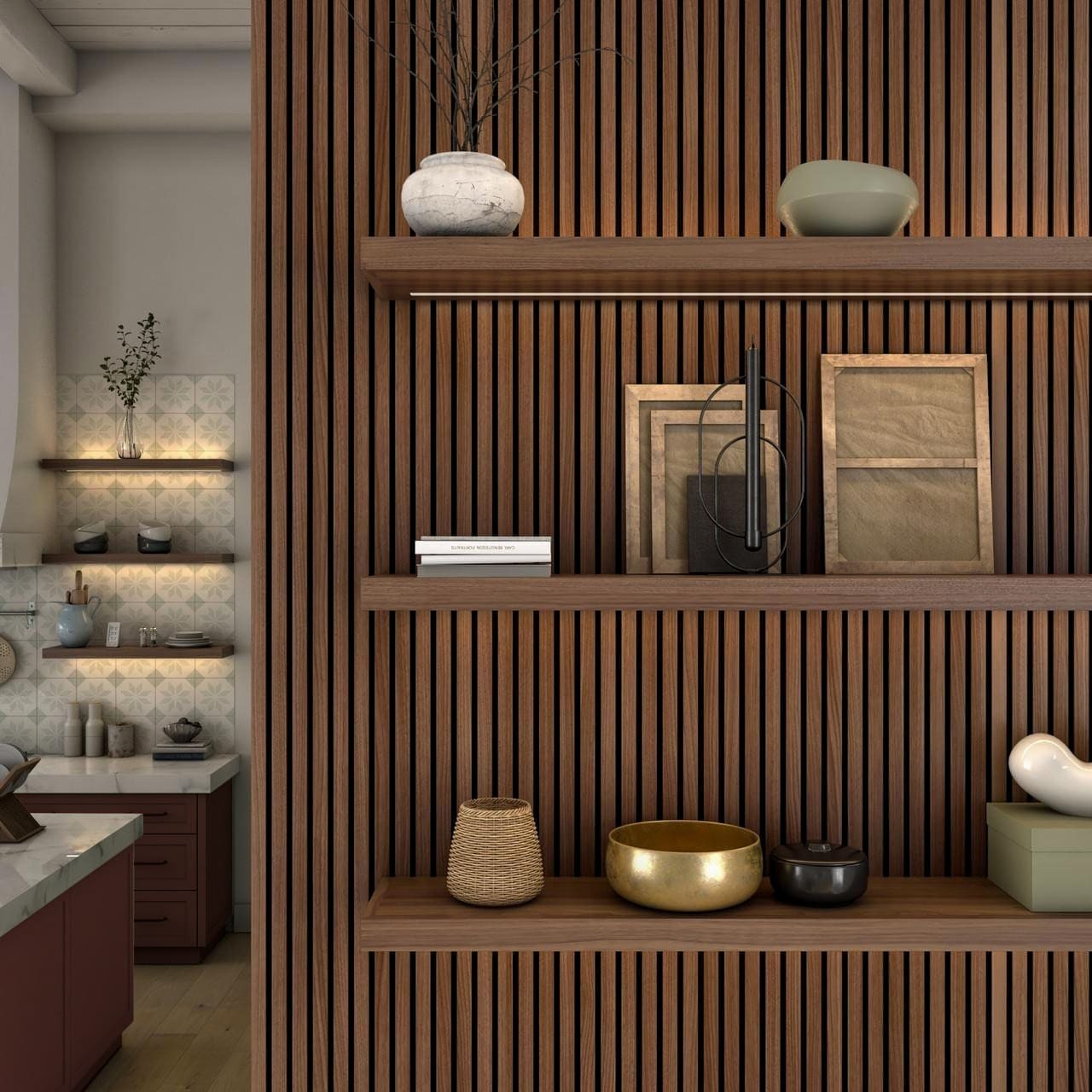 Walnut Slat Wood Acoustic Wall Panels with a shelving display