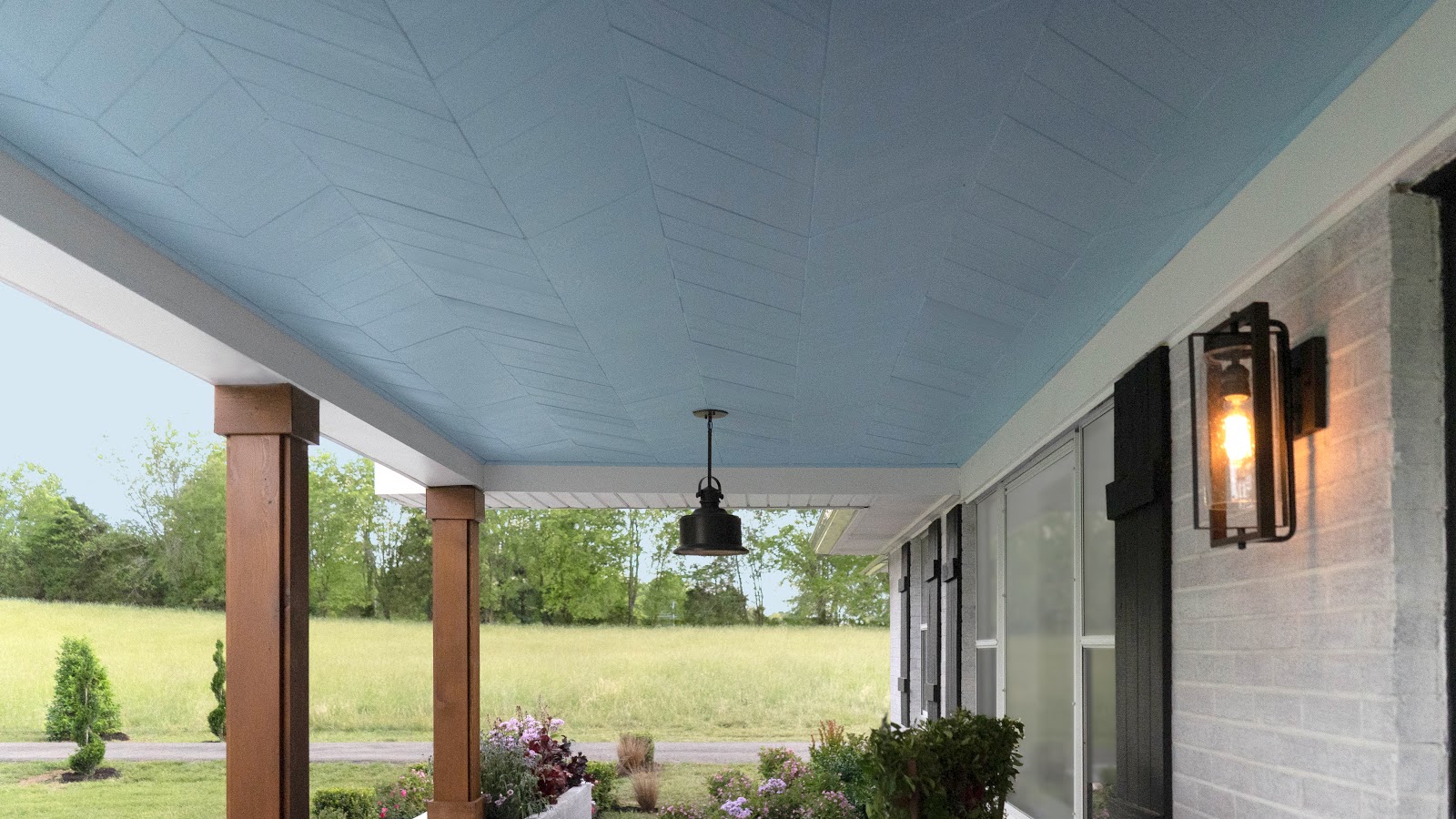 Painted chevron planks over a popcorn patio ceiling