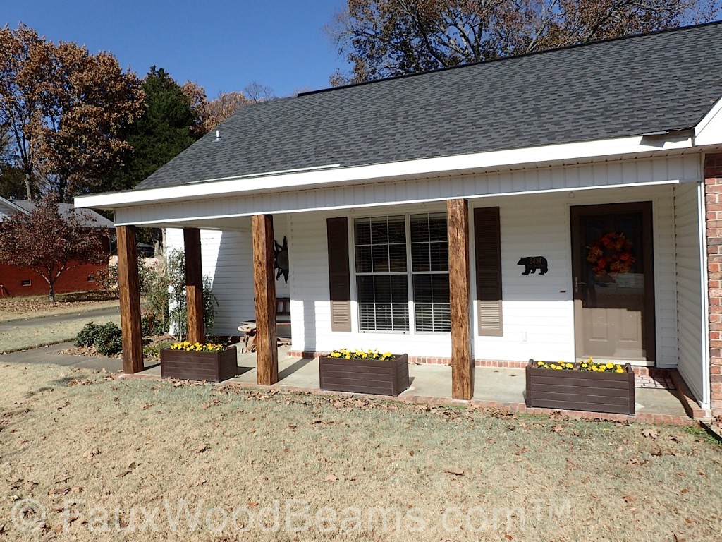 Right view of Barron Designs Timber Faux Wood Beams used as columns for a porch