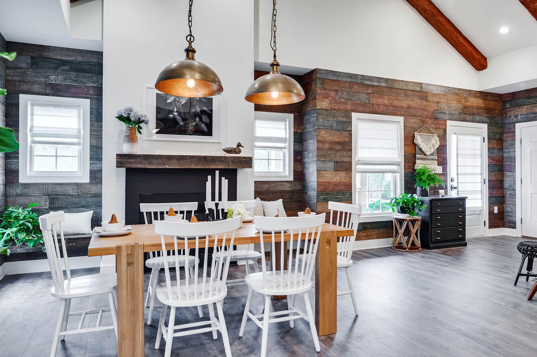 Rich walnut timber beams add a rustic touch to this kitchen.