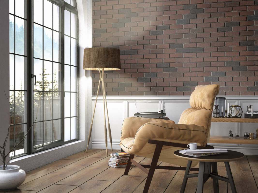 Contempo Faux Brick Wall Panels in Rich Burgundy installed in a reading room