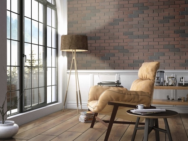 Contempo Faux Brick Wall Panels in Rich Burgundy in a luxurious living room