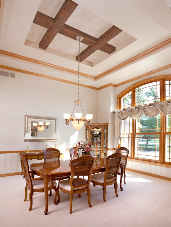 Hand Hewn Faux Wood Beams in Rich Walnut for coffered ceiling design in a dining room 