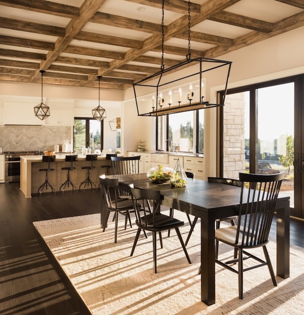 Heavy Hand Hewn Wood Beams in Rustic Natural installed in a full-ceiling grid for a kitchen