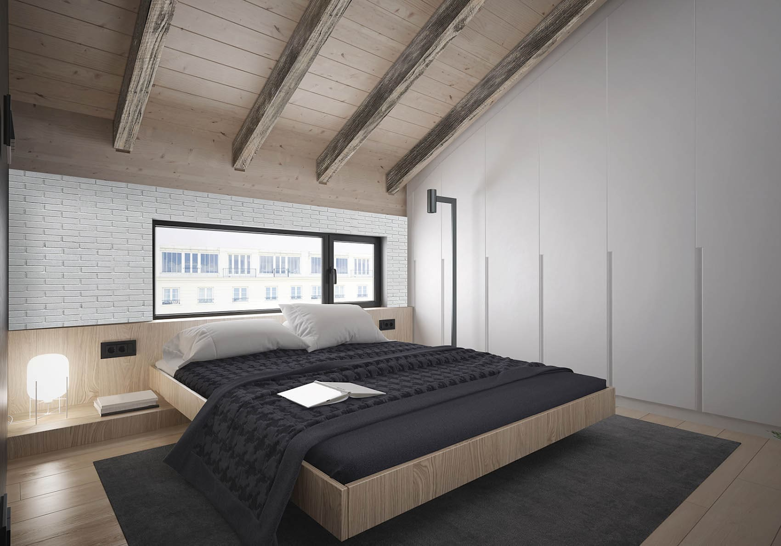 Shiplap planks over a popcorn ceiling in a modern bedroom