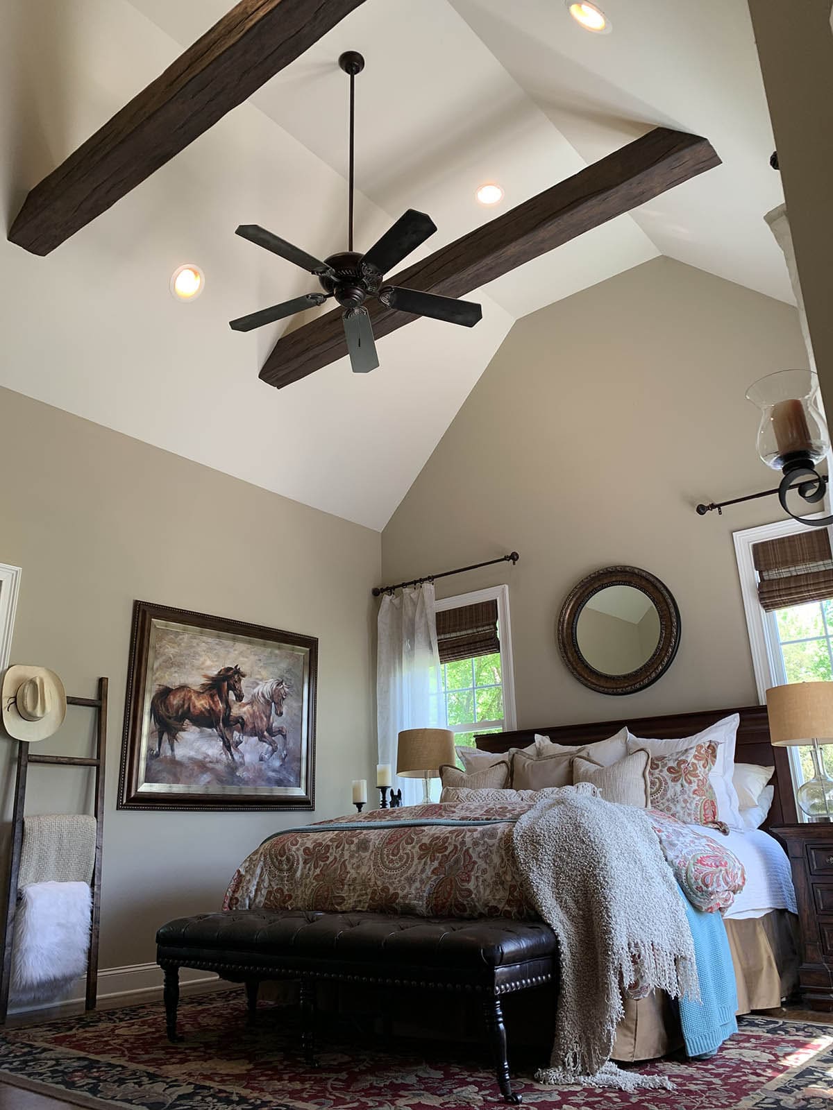 Simple collar ties add structure to a bedroom.