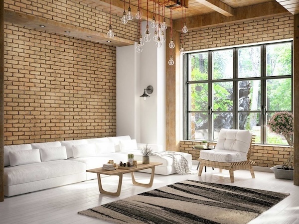 Old Chicago Faux Brick Wall Panels in Spiced Brick in an industrial style living room