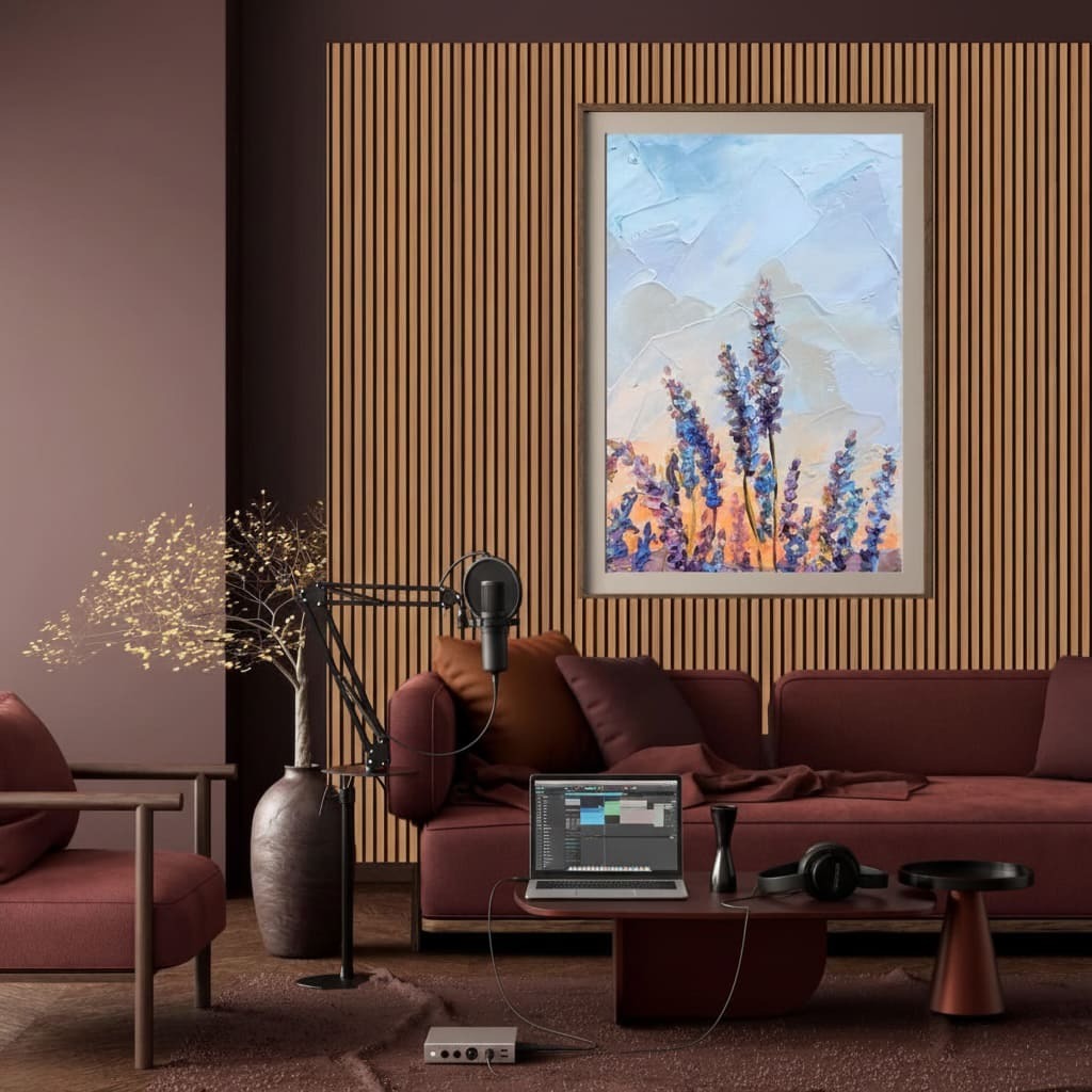 Acoustic Wall Panels in Teak installed in a comfortable podcast studio