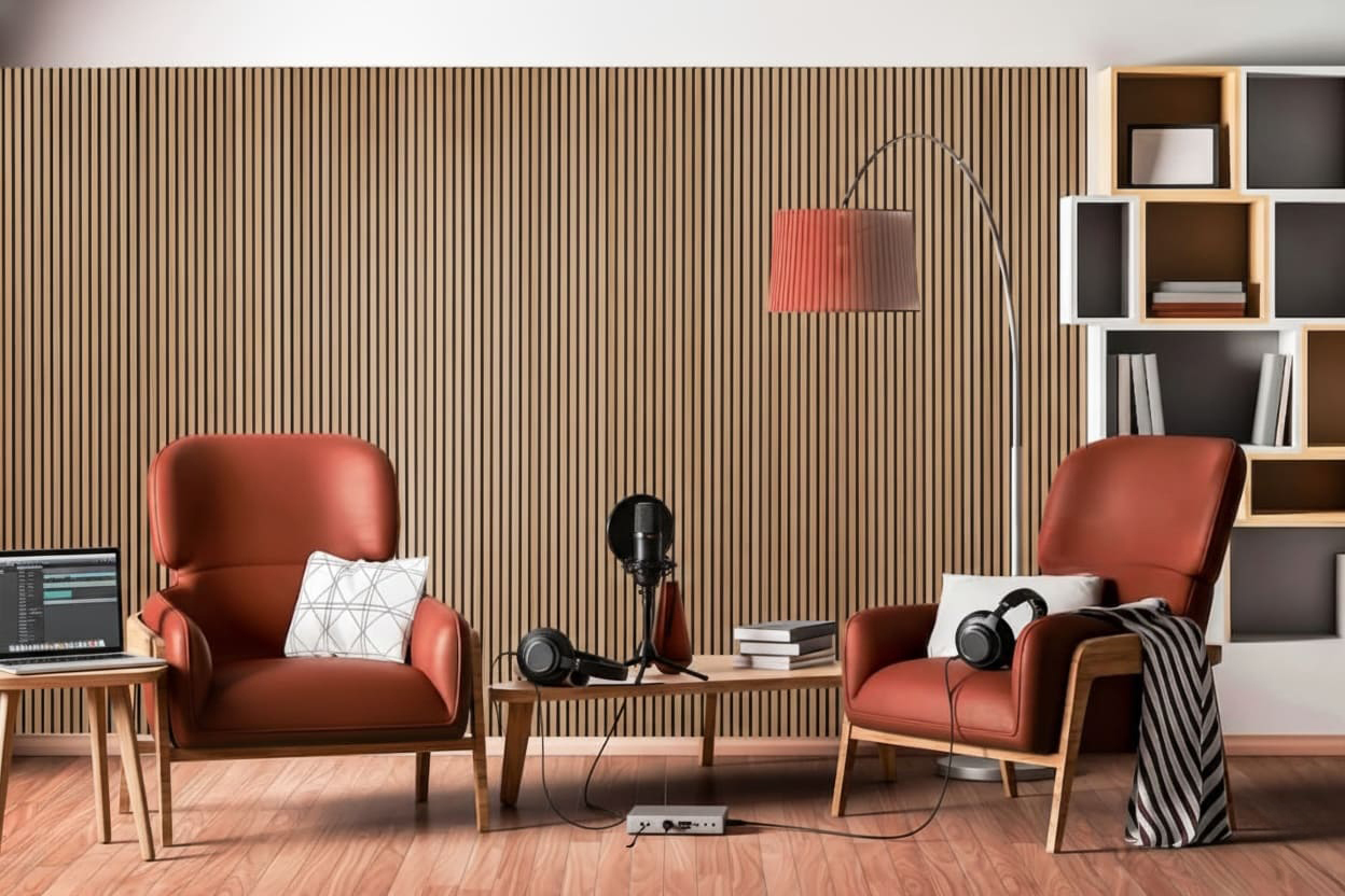 Acoustic Wall Panels in Teak installed in a comfortable, furnished podcast studio