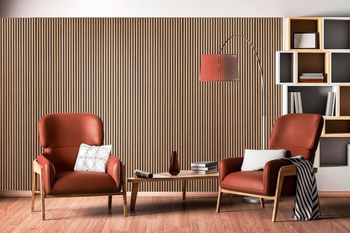 AcousticMOD Slat Wood Acoustic Wall Panel in Teak installed in a seating area
