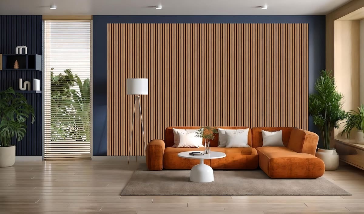 Teak Color Slat Wood Acoustic Wall Panels installed as a living room accent wall