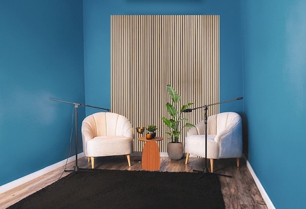 Slat Wood Acoustic Wall Panels in Teak installed in a podcast studio 