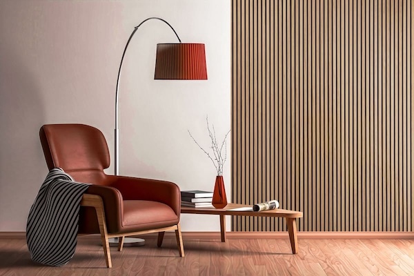 Slat Wood Acoustic Wall Panels in Teak for a seating area