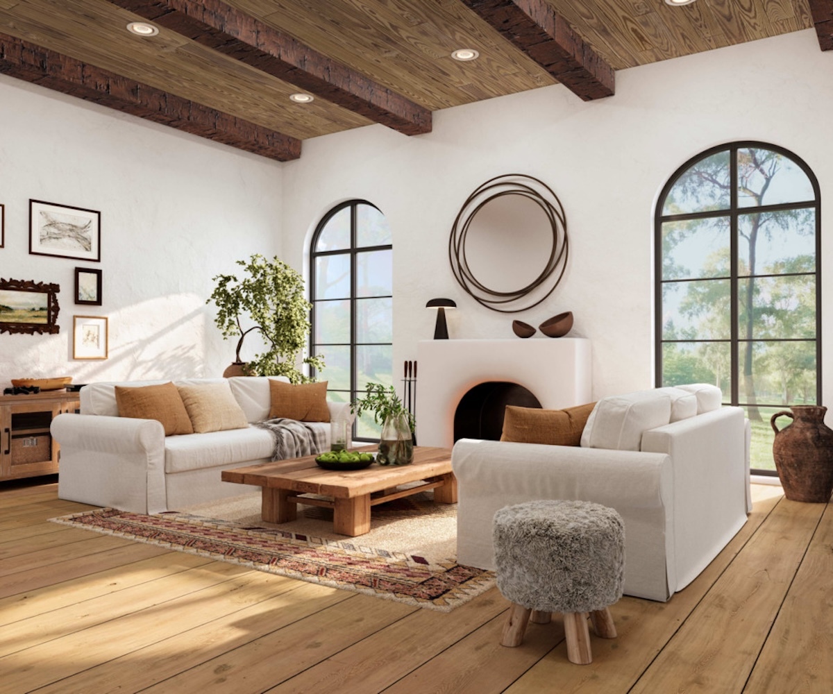Thermal Pine Tongue and Groove Wood Paneling with V-Groove Joints | Dark Walnut Hand Hewn Faux Wood Beams