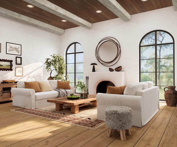 Poplar shiplap groove wood ceiling paneling and Toasted Marshmallow Rough Hewn Faux Wood Beams in an elegant, spacious living room with large windows and a tall ceiling.