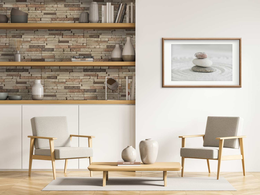 Somerset Dry Stack Faux Stone Wall Panels in Tierra Gold installed in a sitting area