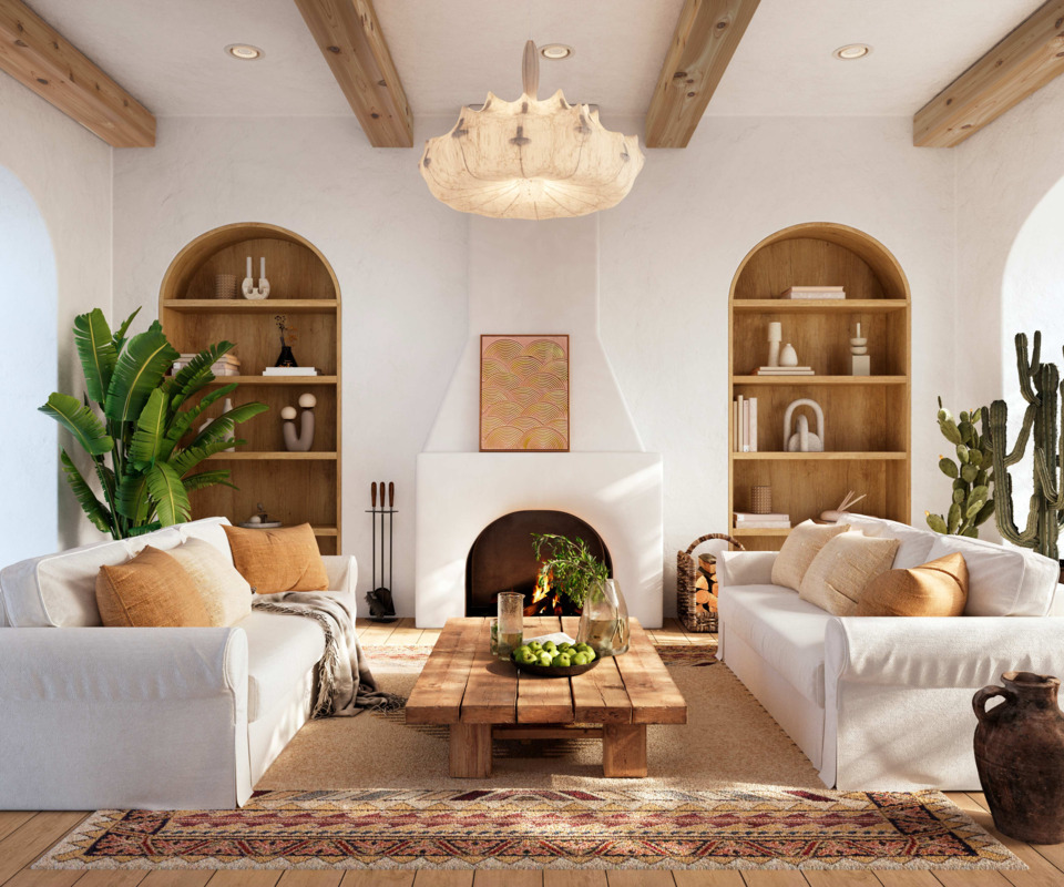 Unfinished smooth wood ceiling beams in a modern living room with clean design and natural wood texture